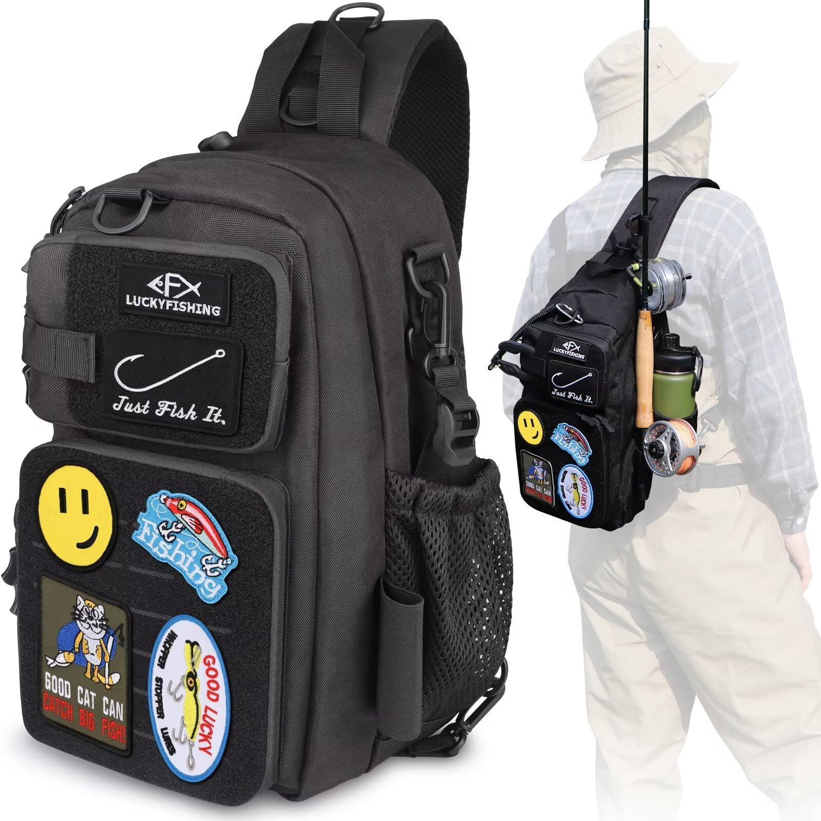 LUCKYFISHING Fishing Backpack Fishing Sling Bag Fly Fishing Bag Lightweight Fishing Backpack with 6PCS Hook Style-DIY Embroidery Patches