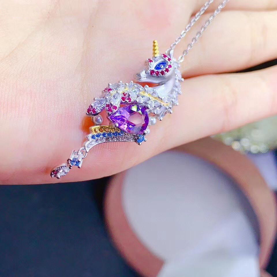 Luxury Swiss Blue Topaz Waterdrop Pendant with Unicorn Amethyst Stone Necklace