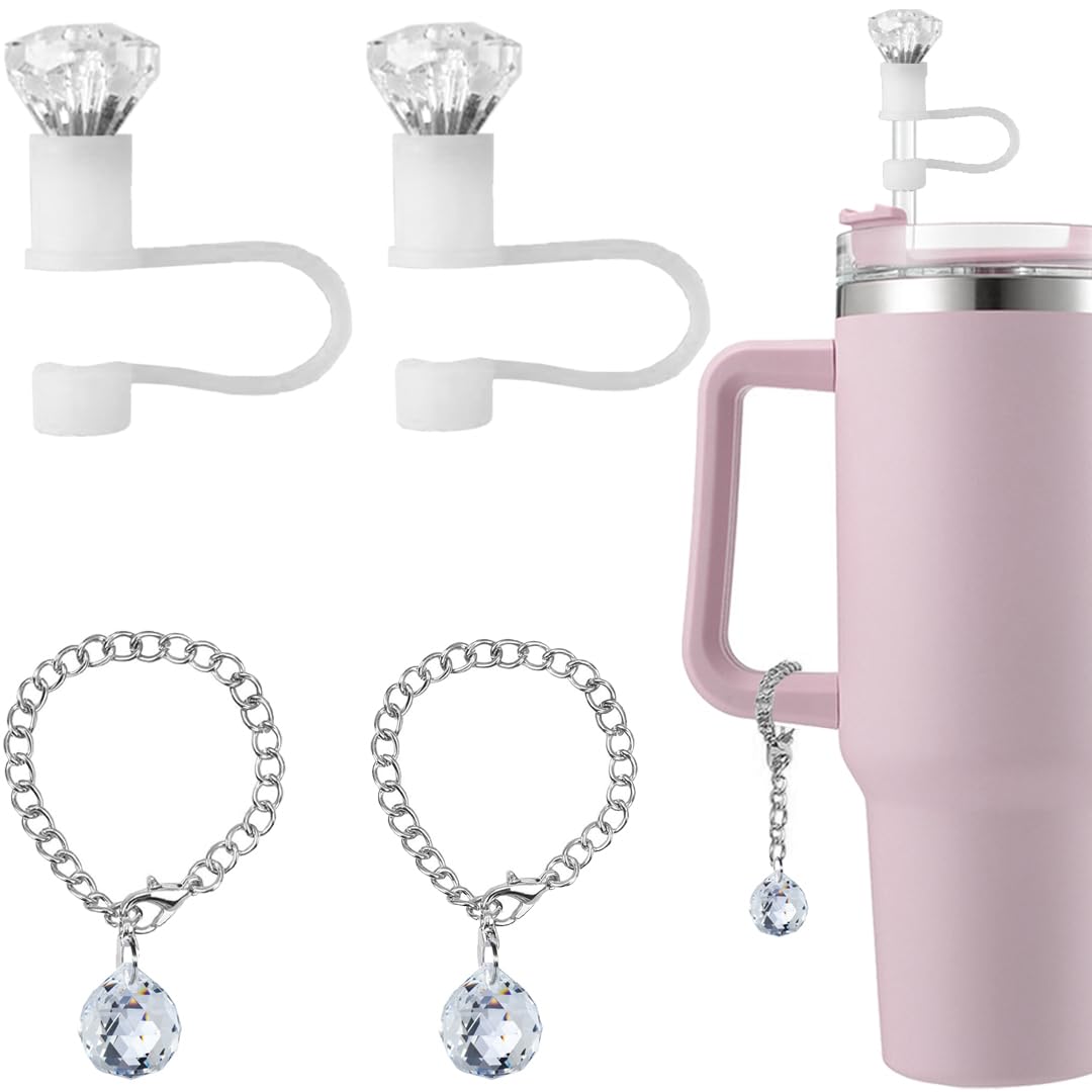Diamond Straw Cover Cap for Stanley Cup Accessories 30 40 oz10mm Cute White Silicone Straw Toppers for Tumbler Silver Charms for Stanley Crystal Prisms Suncatcher Ball Water Cup Pendant for Handle