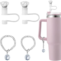 Diamond Straw Cover Cap for Stanley Cup Accessories 30 40 oz10mm Cute White Silicone Straw Toppers for Tumbler Silver Charms for Stanley Crystal Prisms Suncatcher Ball Water Cup Pendant for Handle