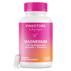 Pink Stork Magnesium Glycinate with Vitamin D - Magnesium Supplement for Women to Support Natural Calm Mood and Sleep - Hormone Balance for Women - 60 Capsules 1 Month Supply