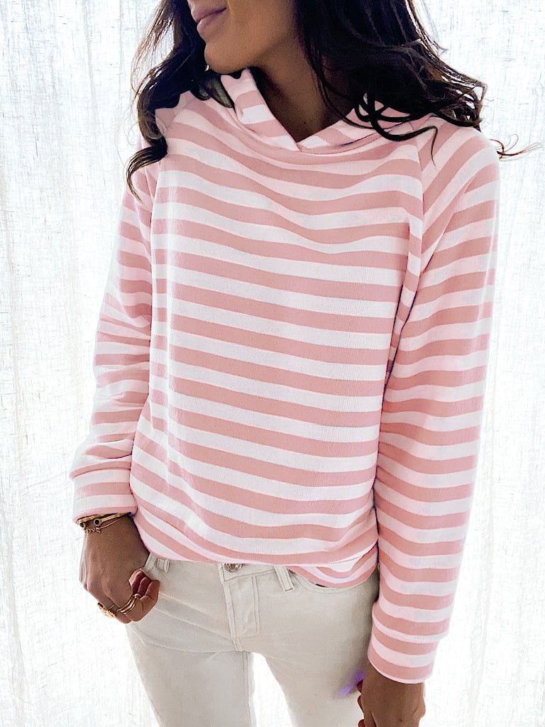 Womens Three-Color Striped Hooded Long-Sleeved Sweater