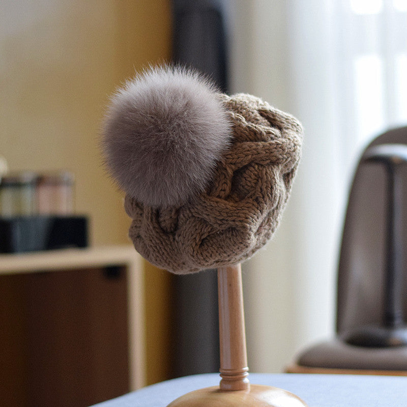 Children's Wool Hat with Fox Fur Ball for Autumn/Winter