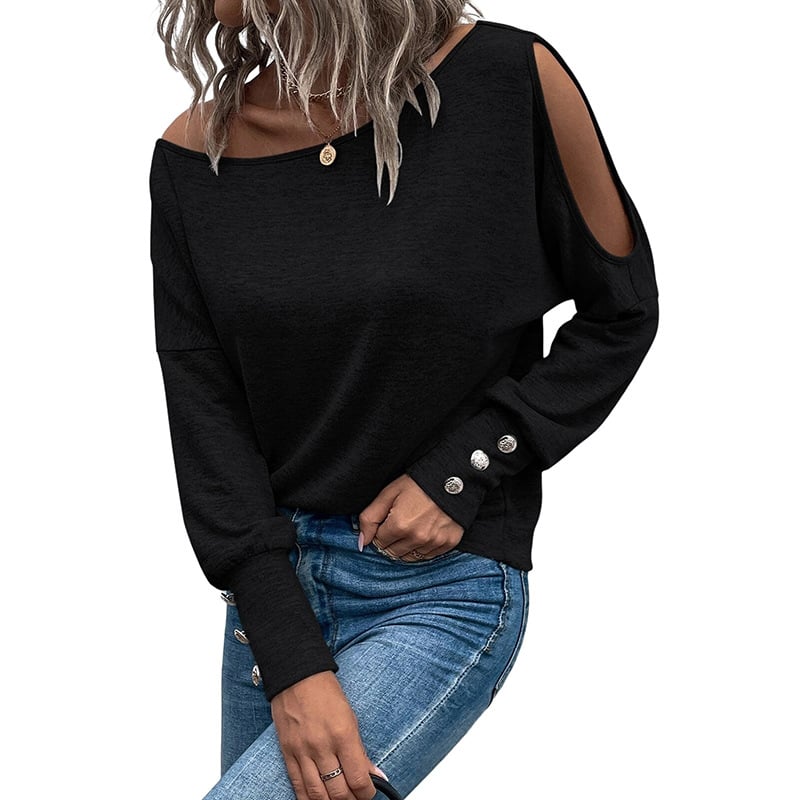 Solid Color Hollow-out Long Sleeve Top