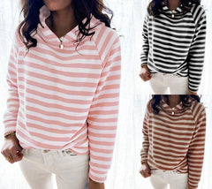 Womens Three-Color Striped Hooded Long-Sleeved Sweater