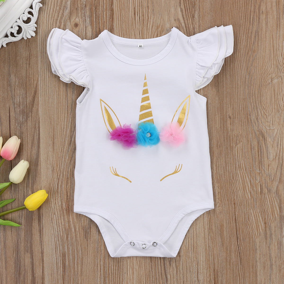 Babys' 1 Year Unicorn Print Baby Romper with Flutter Sleeves