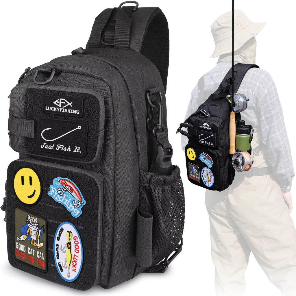 LUCKYFISHING Fishing Backpack Fishing Sling Bag Fly Fishing Bag Lightweight Fishing Backpack with 6PCS Hook Style-DIY Embroidery Patches