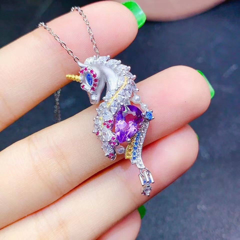 Luxury Swiss Blue Topaz Waterdrop Pendant with Unicorn Amethyst Stone Necklace