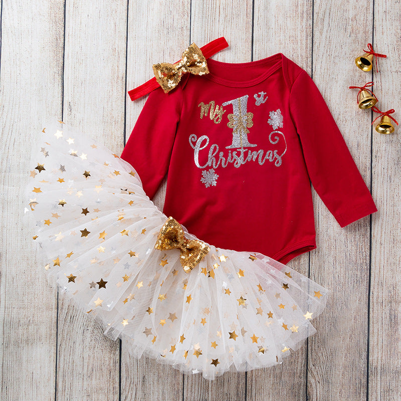 New Long Sleeve Dress Set for Baby Girls (0-2 Years)-Baby's FIrst Christmas
