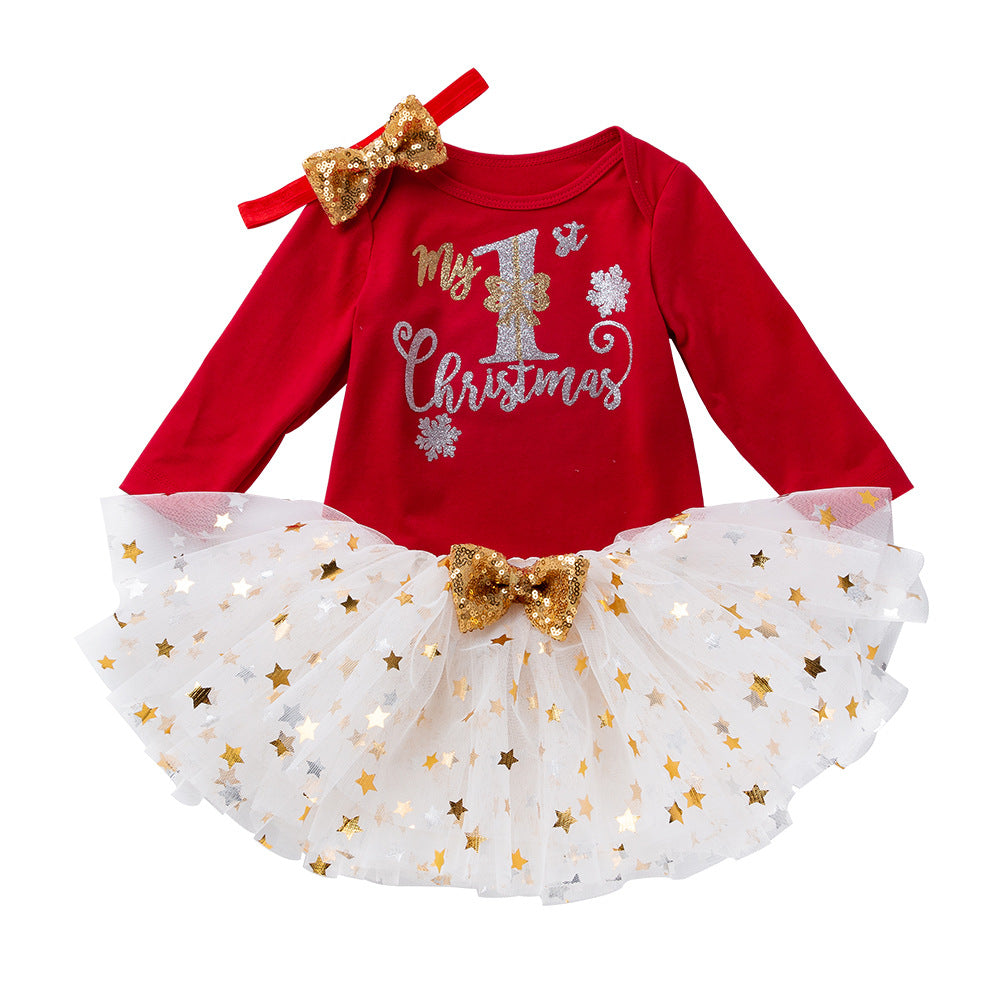 New Long Sleeve Dress Set for Baby Girls (0-2 Years)-Baby's FIrst Christmas