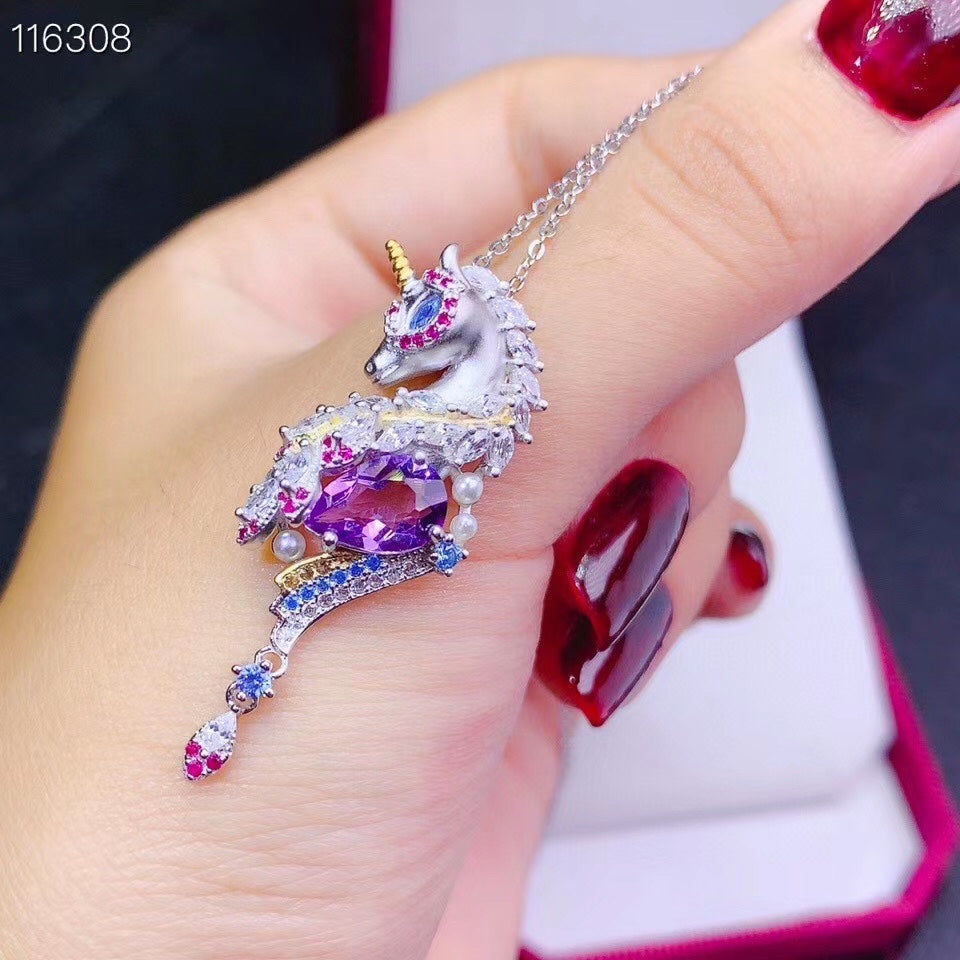 Luxury Swiss Blue Topaz Waterdrop Pendant with Unicorn Amethyst Stone Necklace