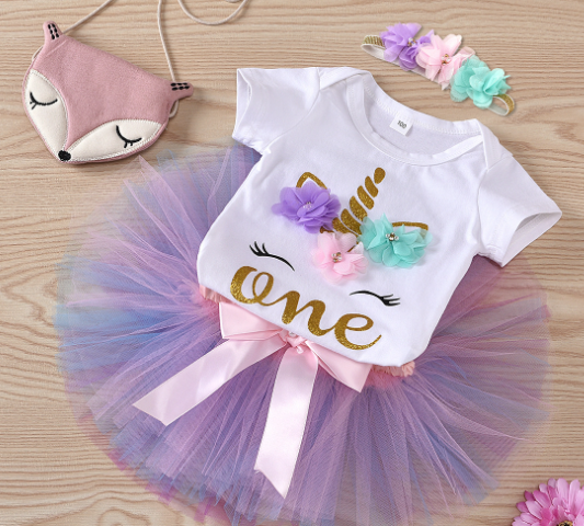 Babys' 1 Year Unicorn Print Baby Romper with Flutter Sleeves