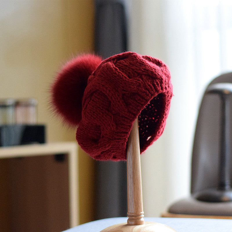 Children's Wool Hat with Fox Fur Ball for Autumn/Winter