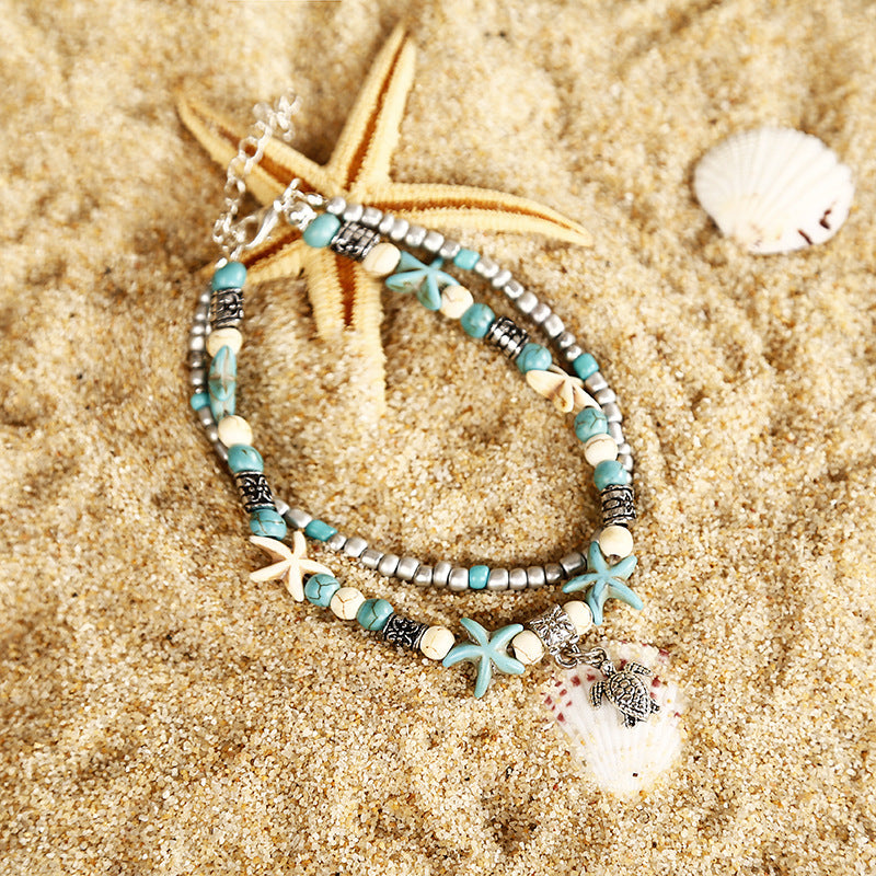 Double Layer Anklet with Starfish and Turtle