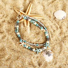 Double Layer Anklet with Starfish and Turtle