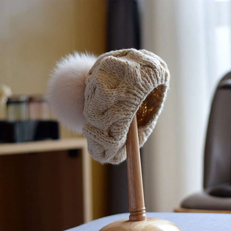 Children's Wool Hat with Fox Fur Ball for Autumn/Winter