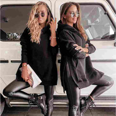 Women's Long Sleeve Hooded Sweater with Side Slits