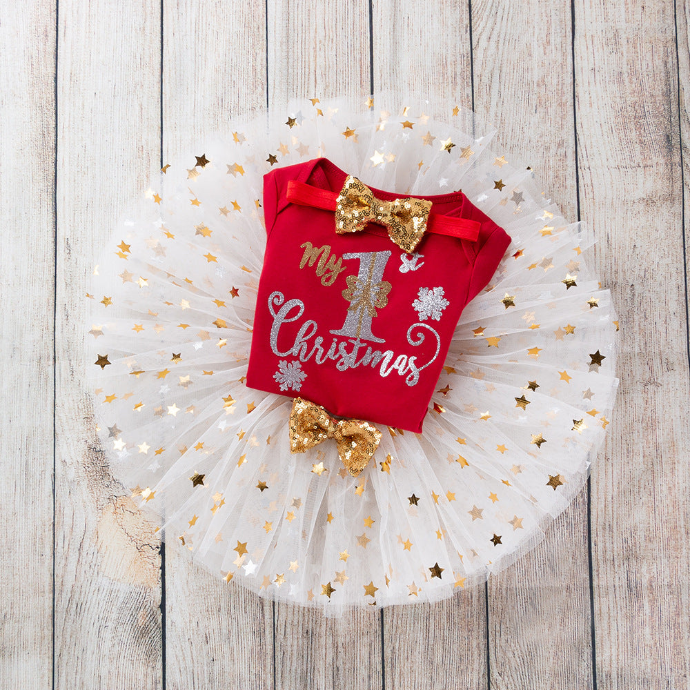 New Long Sleeve Dress Set for Baby Girls (0-2 Years)-Baby's FIrst Christmas