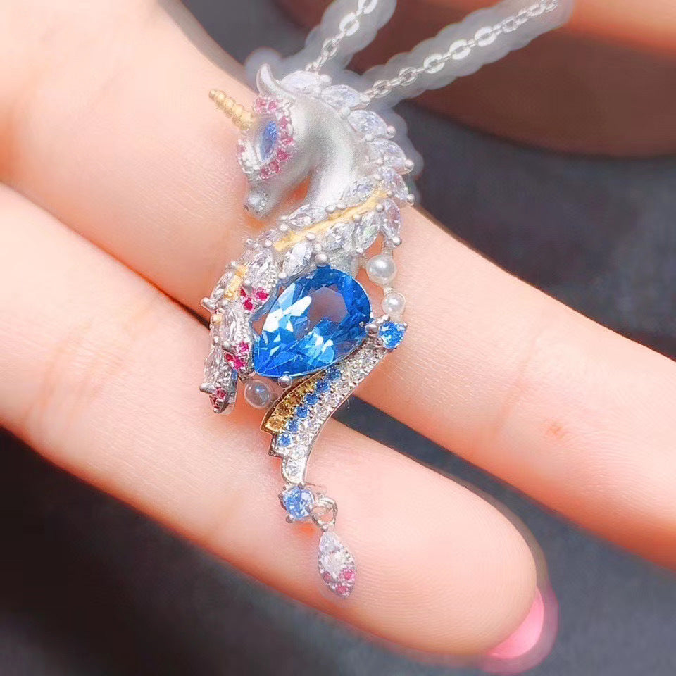 Luxury Swiss Blue Topaz Waterdrop Pendant with Unicorn Amethyst Stone Necklace