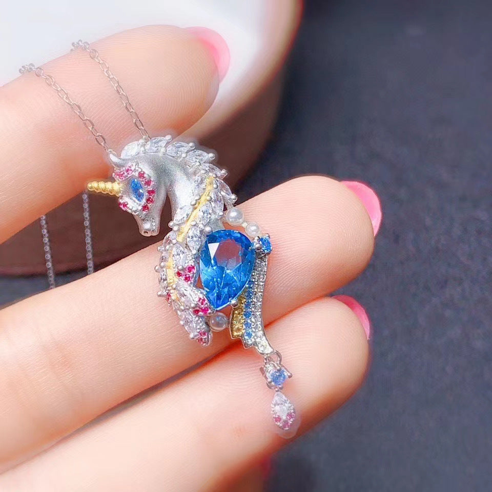 Luxury Swiss Blue Topaz Waterdrop Pendant with Unicorn Amethyst Stone Necklace