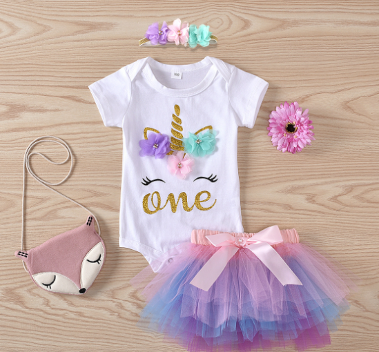 Babys' 1 Year Unicorn Print Baby Romper with Flutter Sleeves