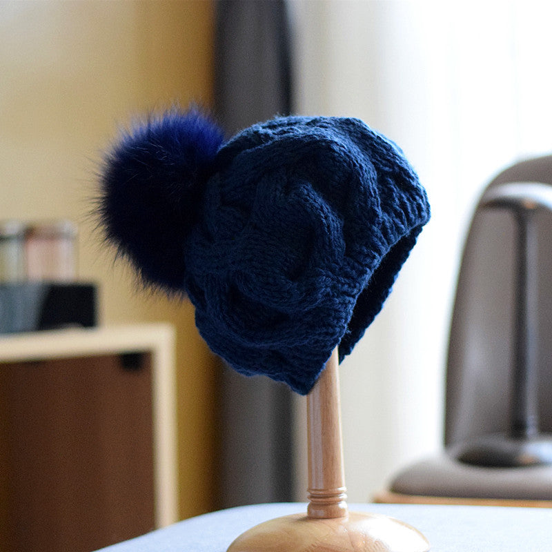Children's Wool Hat with Fox Fur Ball for Autumn/Winter