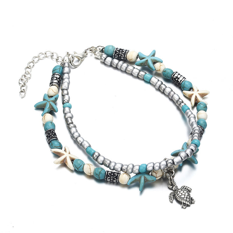 Double Layer Anklet with Starfish and Turtle