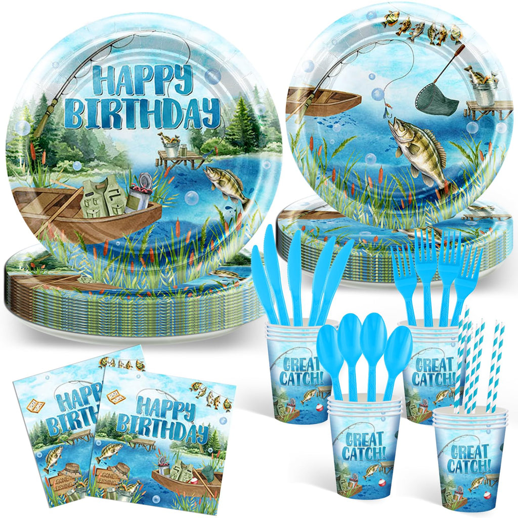 Avezano 192 Pcs Gone Fishing Tableware Fishing Birthday Party Decoration Little Fisherman Gone Fishing Theme Disposable Plates Napkins Cups Forks and Knives Supplies of Fishing Party for 24 Guests