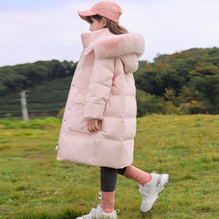 Girl's Mid-Length Western Style Down Coat with Fur Collar
