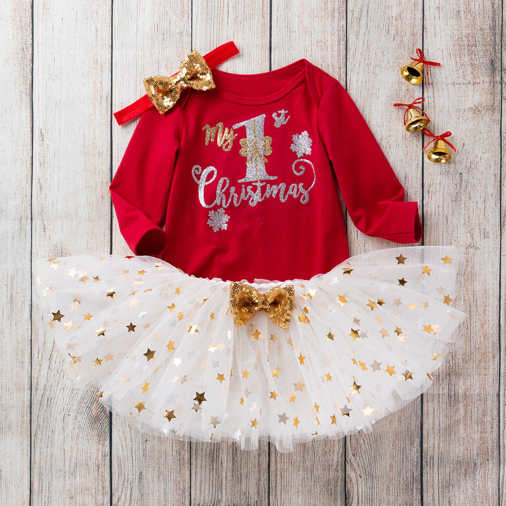 New Long Sleeve Dress Set for Baby Girls (0-2 Years)-Baby's FIrst Christmas