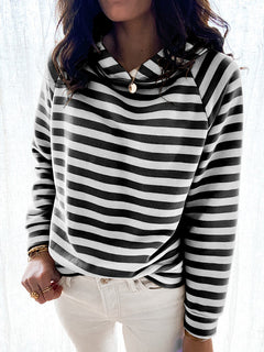 Womens Three-Color Striped Hooded Long-Sleeved Sweater