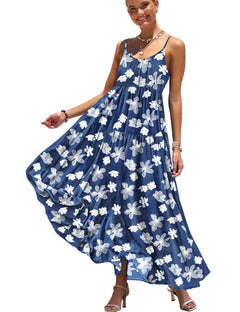 YESNO Summer Bohemian Floral Dresses for Women Spaghetti Straps Maxi Dress Casual Flowy Dresses with Pockets M ES0 CR385